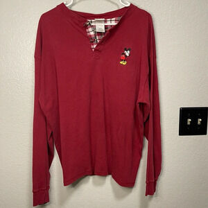 Vintage Disney Men’s Long Sleeve Henley Red w Embroidered Mickey Mouse Large